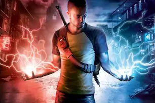 Infamous game character standing between good and evil choices – karma morality system gameplay for PlayStation 3